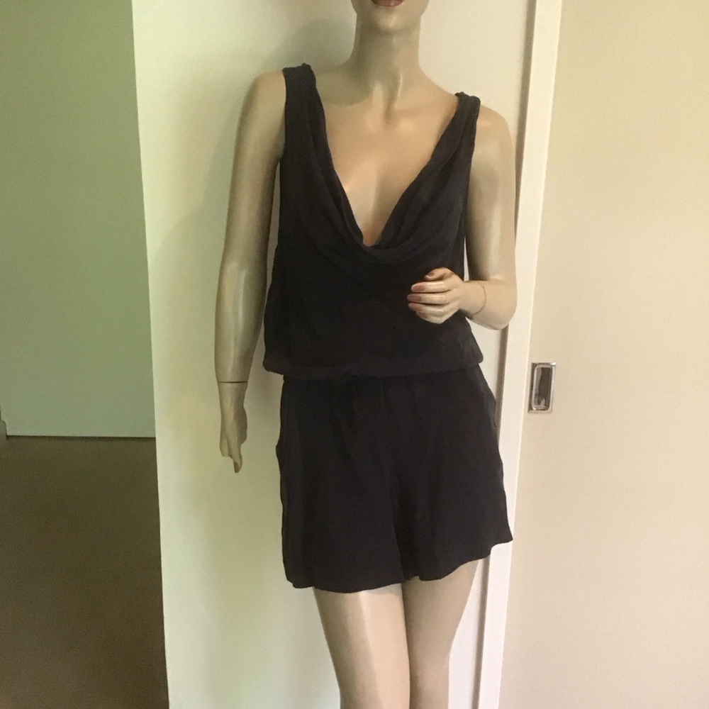 Loeffler Randall Navy Blue 100% Silk‎ Cowl Neck Romper Shorts Jumpsuit 6 Elegant